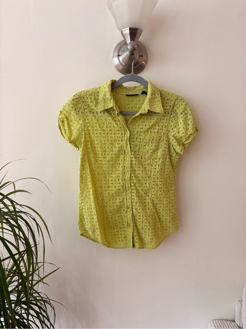 New York & Company Lime Green Eyelet Button Up Shirt Short Sleeve Summer Top